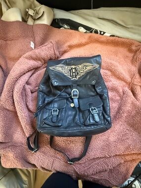 Black Leather Harley Davidson Backpack with Wing Emblem